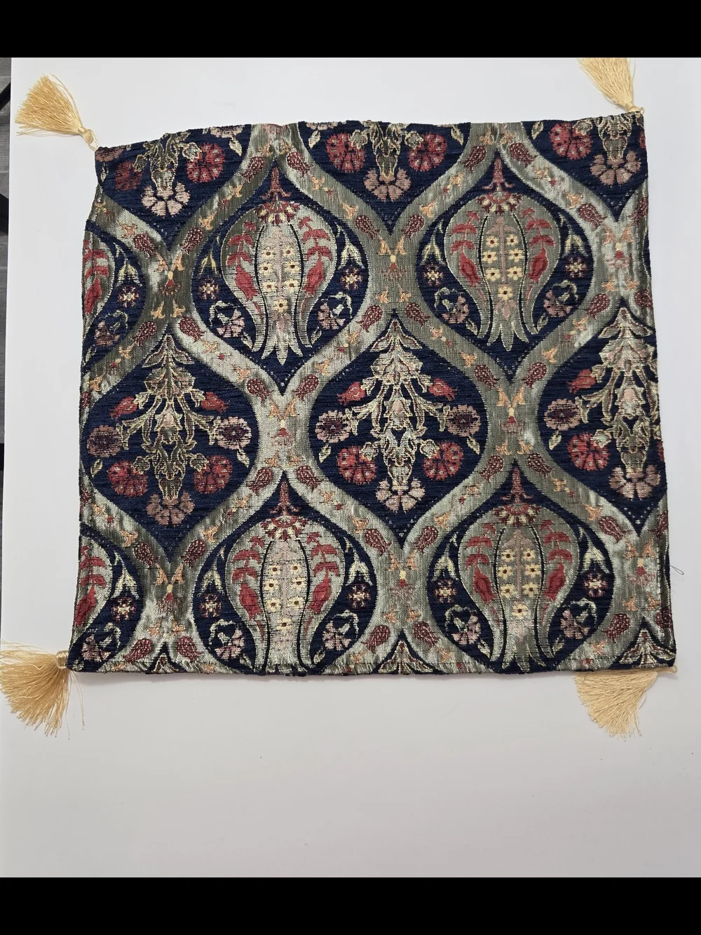 Ornate Tapestry Cushion Cover with Tassels - Navy, Red, Gold